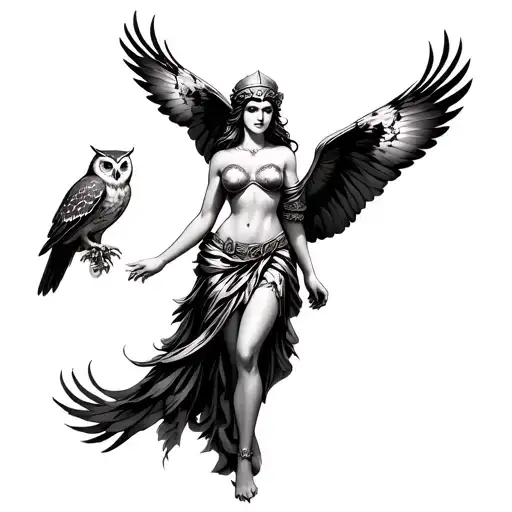 goddess Athena sexy with pet owl flying together tattoo design idea