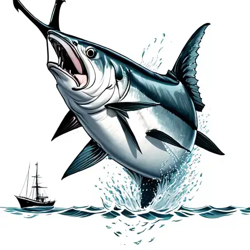 bluefin tuna jumping out of water with a boat in the background tattoo design idea