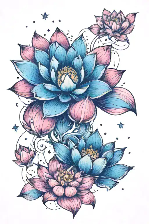 lotus, moon, stars forming the shape tattoo design idea