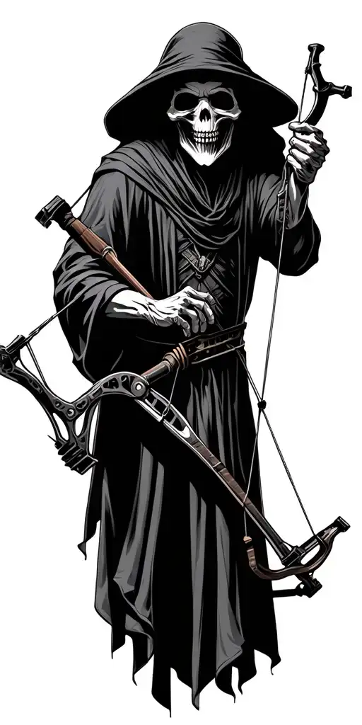 grim reaper holding a compound bow in a orchard  tattoo design idea