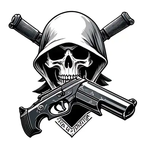 grim reaper skull with gun intertwined tattoo design idea