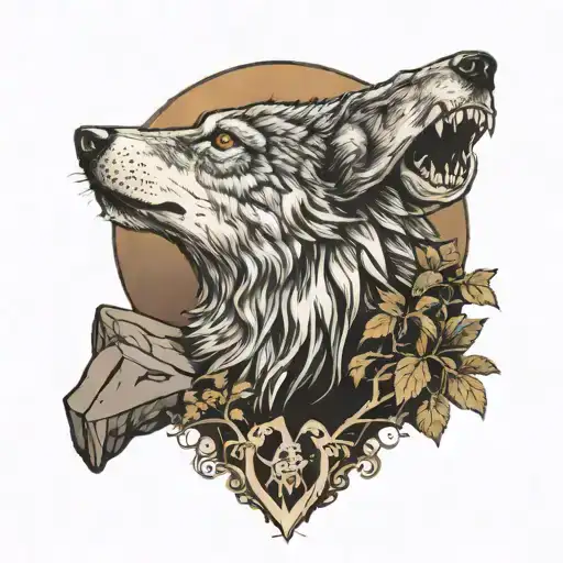 00:00, wolf howling, jungle, moon, mountain, stone  tattoo design idea