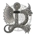 A mystical blend of an Egyptian ankh symbol and astrological signs forming a dragon silhouette, showcasing the client's diverse interests in Egypt, astrology, and dragons tattoo design idea