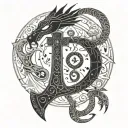 A mystical blend of an Egyptian ankh symbol and astrological signs forming a dragon silhouette, showcasing the client's diverse interests in Egypt, astrology, and dragons tattoo design idea
