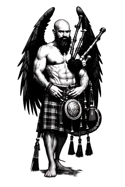 shirtless muscular bagpiper bald black beard playing bagpipes hoge black wings no legs tattoo design idea
