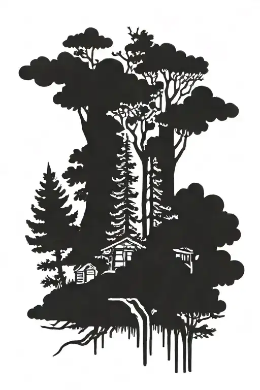 cottage forest dark rain tattoo design idea