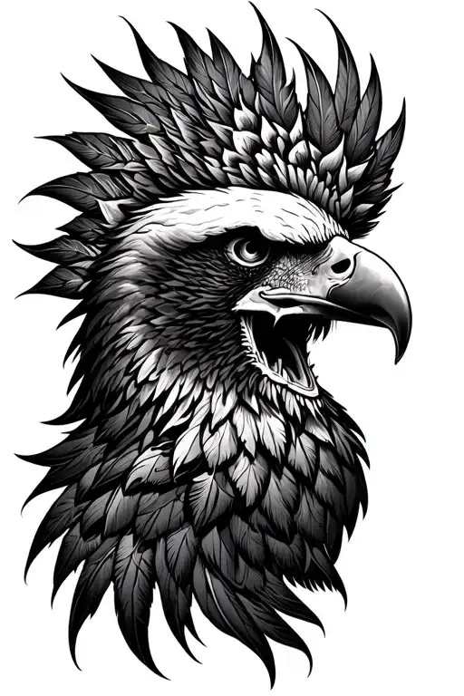 angry eagle head on side view with skull embedded into plumage tattoo design idea