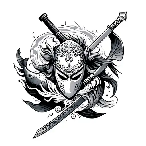 a tribal style tattoo with japanese trait like katanas mask and koi carps viking axes and longships and siren parthenope tattoo design idea
