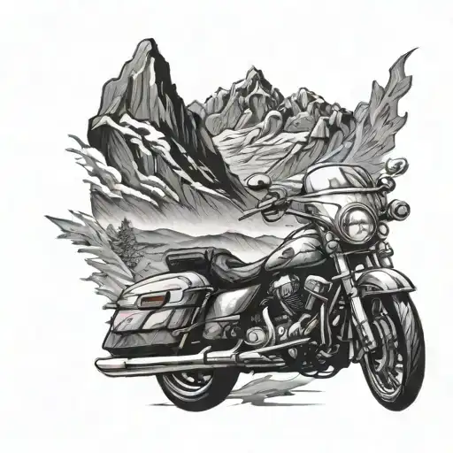 mountains in the background and adventure motorcycle in the center of the black and white image for tattoo tattoo design idea
