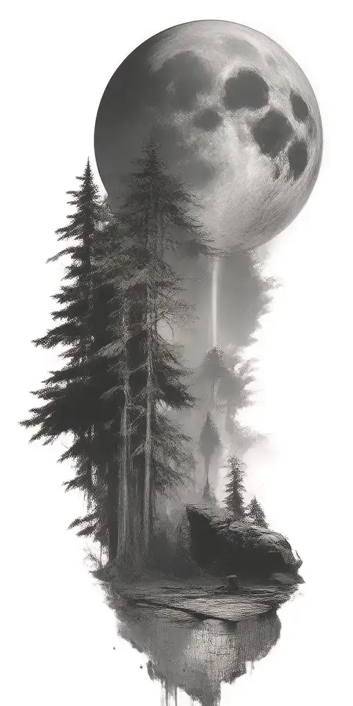 massive forest landscape with huge moon in the background alien space ship with beam coming down onto person  tattoo design idea