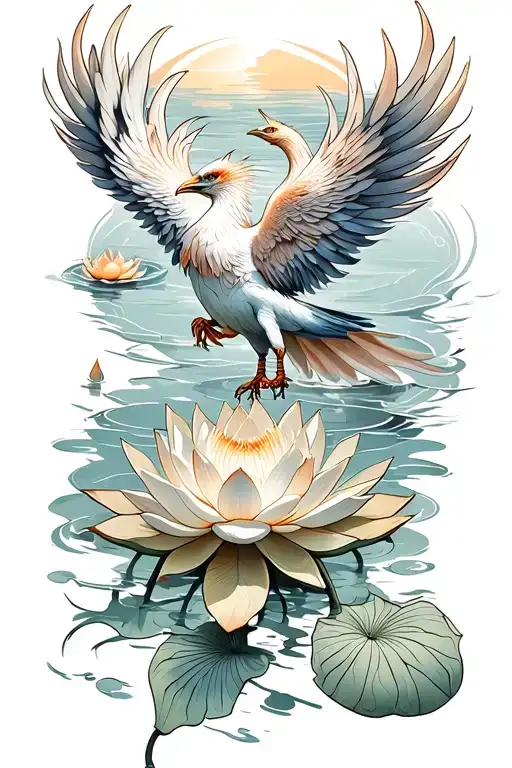 phoenix bird rising from center of lotus in water tattoo design idea