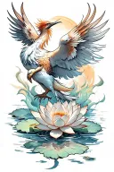 phoenix bird rising from center of lotus in water tattoo design idea