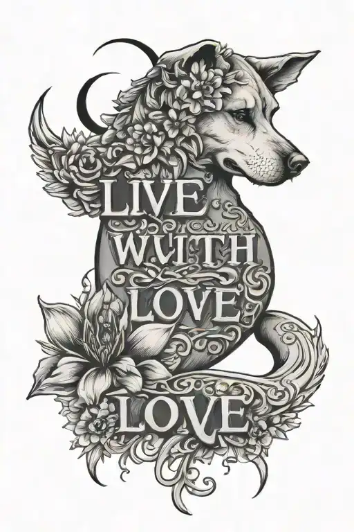 Live with love text, link with flowers, moon crescent and dog paws  tattoo design idea