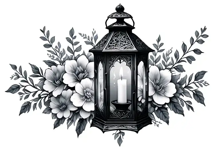 gothic lantern with candle surrounded by flowers tattoo design idea