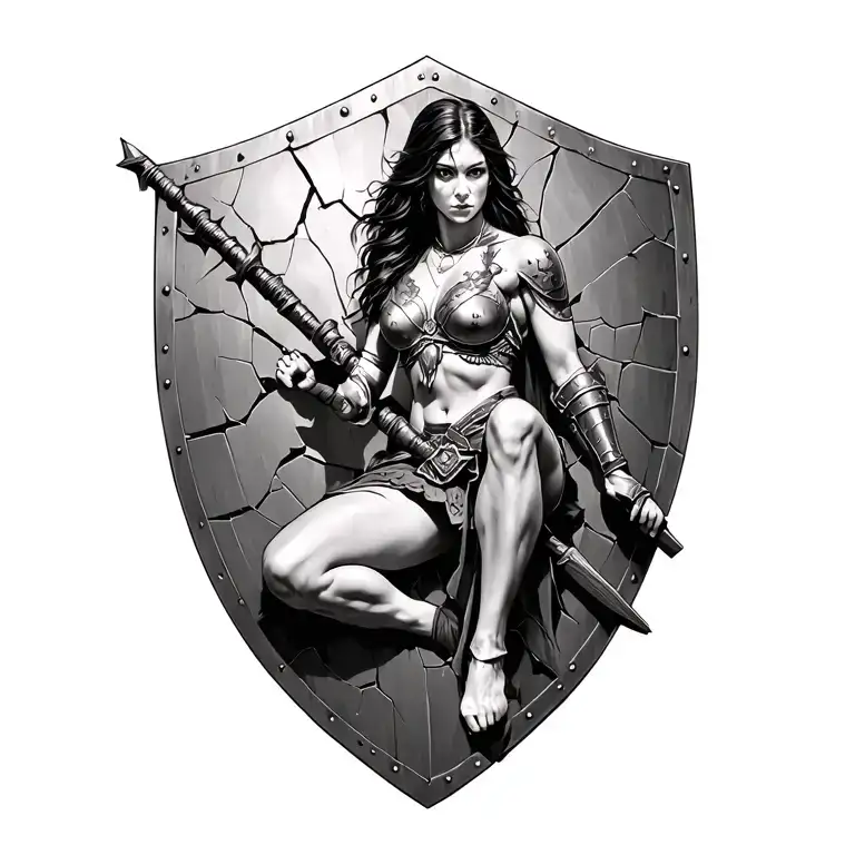 black and white spartin woman warrior sitting on a cracked battle shield tattoo design idea