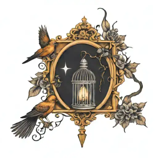 birdcage elegant witchy open door leading to moonlit night while bird escapes into it tattoo design idea
