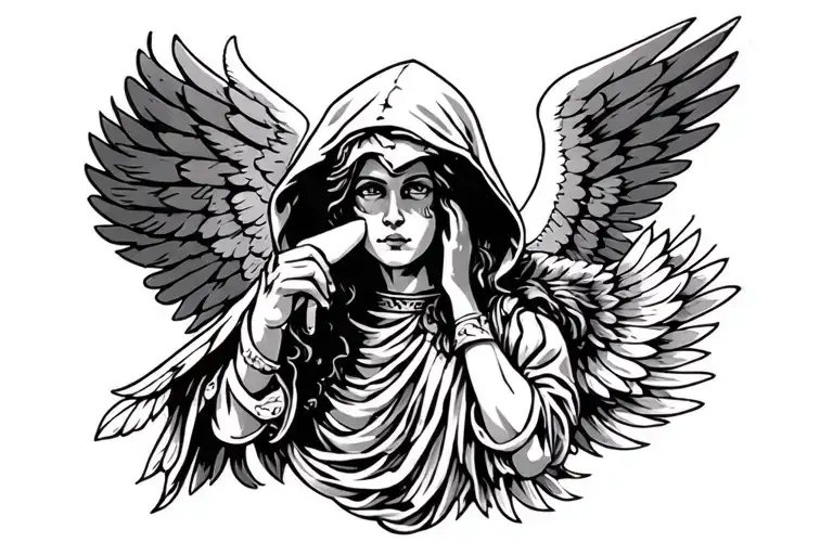 perfectly symmetrical, black and white, hooded angel, warrior tattoo design idea