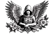 perfectly symmetrical, black and white, hooded angel, warrior tattoo design idea