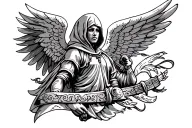 perfectly symmetrical, black and white, hooded angel, warrior tattoo design idea