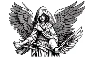 perfectly symmetrical, black and white, hooded angel, warrior tattoo design idea
