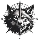 wolf logo from the witcher, around a compass, the line of compass is out of norse ruins  tattoo design idea