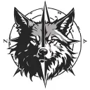 wolf logo from the witcher, around a compass, the line of compass is out of norse ruins  tattoo design idea