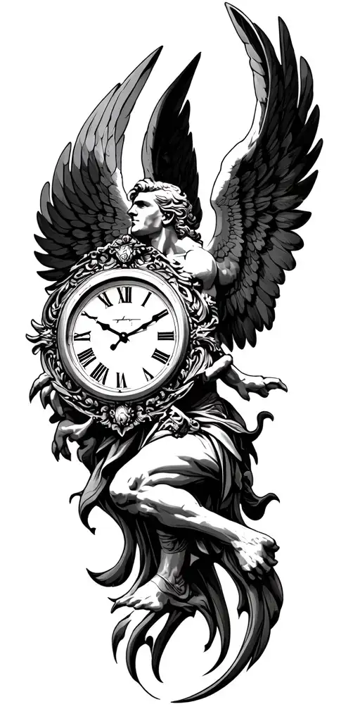 clock with male guardian angel tattoo design idea