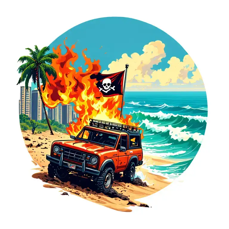 bronco vehicle driving away from city on fire toward ocean beach with pirate flag tattoo design idea