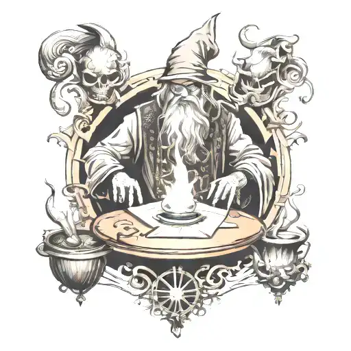A wizard crafting a spell with intricate details and magical elements, symbolizing the artistry and creativity of both tattoo design and wizardry tattoo design idea