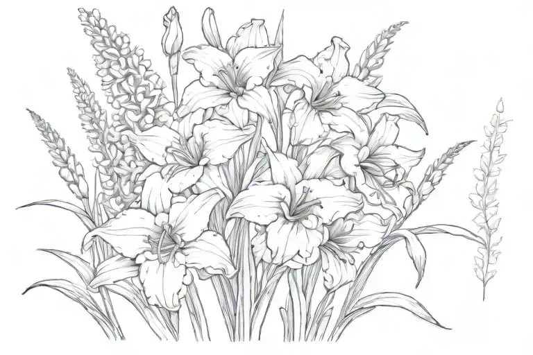 Field of gladiolus flower, chrysanthemum flower, lily of the valley flower, and narcissus flower intertwined. tattoo design idea