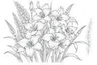 Field of gladiolus flower, chrysanthemum flower, lily of the valley flower, and narcissus flower intertwined. tattoo design idea