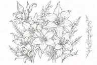 Field of gladiolus flower, chrysanthemum flower, lily of the valley flower, and narcissus flower intertwined. tattoo design idea