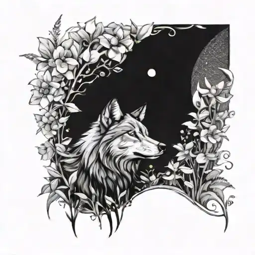 A wolf howling at the moon while surrounded by a field of flowers, symbolizing the beauty of nature and the wild spirit within us all tattoo design idea