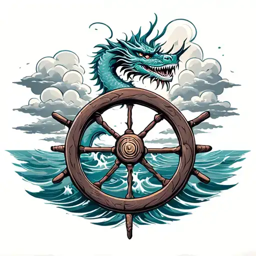 dragon boat steering wheel filled with clouds and water fore arm  tattoo design idea