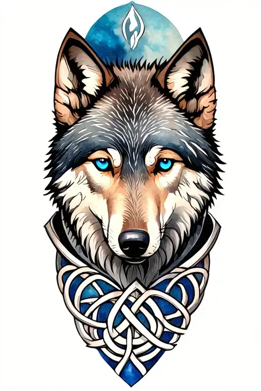 wolf with blue eyes on armor tattoo design featuring Celtic trinity knot  tattoo design idea