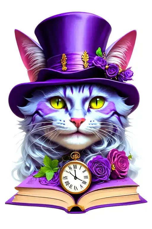 Cheshire cat face, madhatter hat and hair, alice wonderland, book and clock tattoo design idea