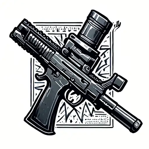 A sketch of a tattoo in a minimalist calligraphy style. Main idea: [outline of an Israeli submachine gun]. Use the calli tattoo design idea