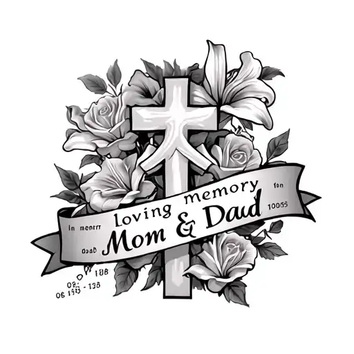 " Loving Memory Mom & Dad" cross with banner,roses&lillies,in memory mom 06/04/1958-10/22/2005 & dad 06/15/1948-12/21/2011 tattoo design idea