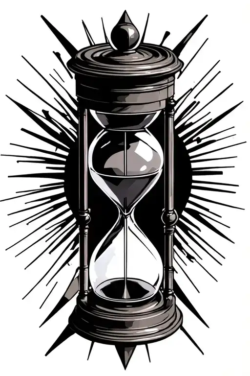 A centrally placed hourglass. Behind the hourglass, a clock face with three hands pointing 3, 14, 18. tattoo design idea
