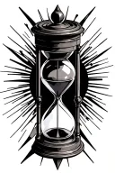 A centrally placed hourglass. Behind the hourglass, a clock face with three hands pointing 3, 14, 18. tattoo design idea