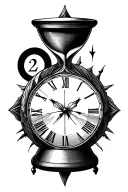 A centrally placed hourglass. Behind the hourglass, a clock face with three hands pointing 3, 14, 18. tattoo design idea