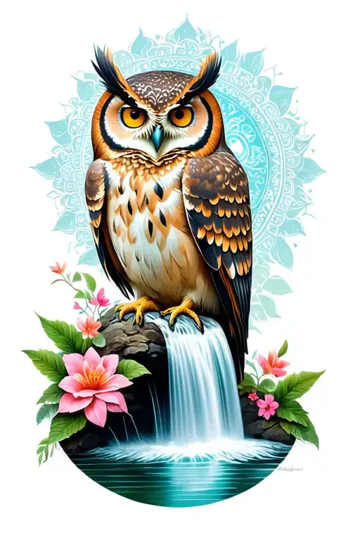 owl,waterfall, mandala, flowers intertwined tattoo design idea