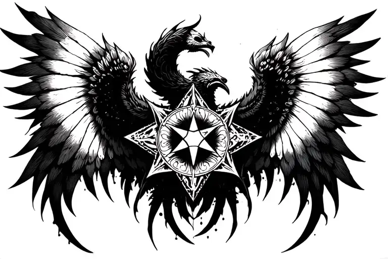 a phoinex with its wings open and the star of chaos in the middle tattoo design idea