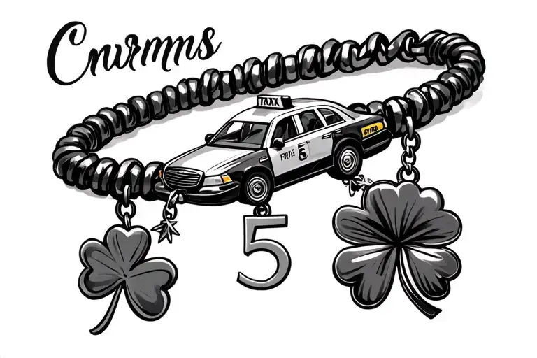Charm bracelet with a rubber flow across and a taxi cab and a four leaf clover and the number five tattoo design idea