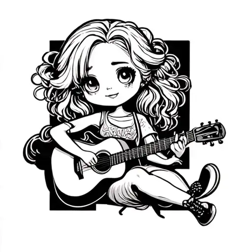 blonde chibi girl with messy hair playing acoustic guitar tattoo design idea