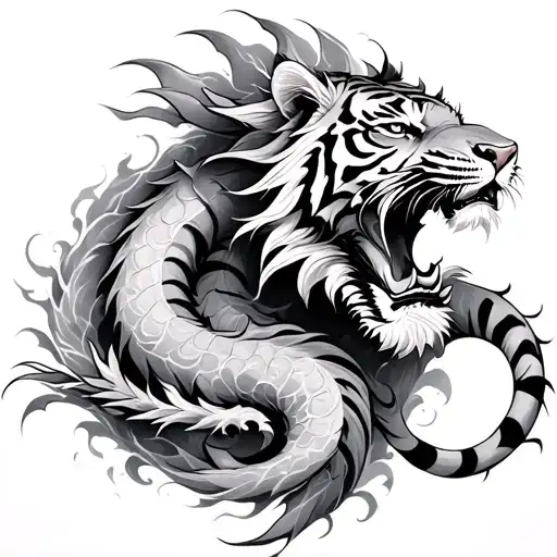 shifting tides dragon and tiger emerging tattoo design idea