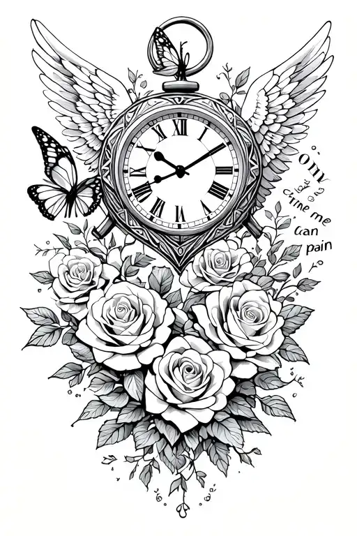 heart shaped clock, angel wings, roses and a butterfly with words only time can heal my pain tattoo design idea