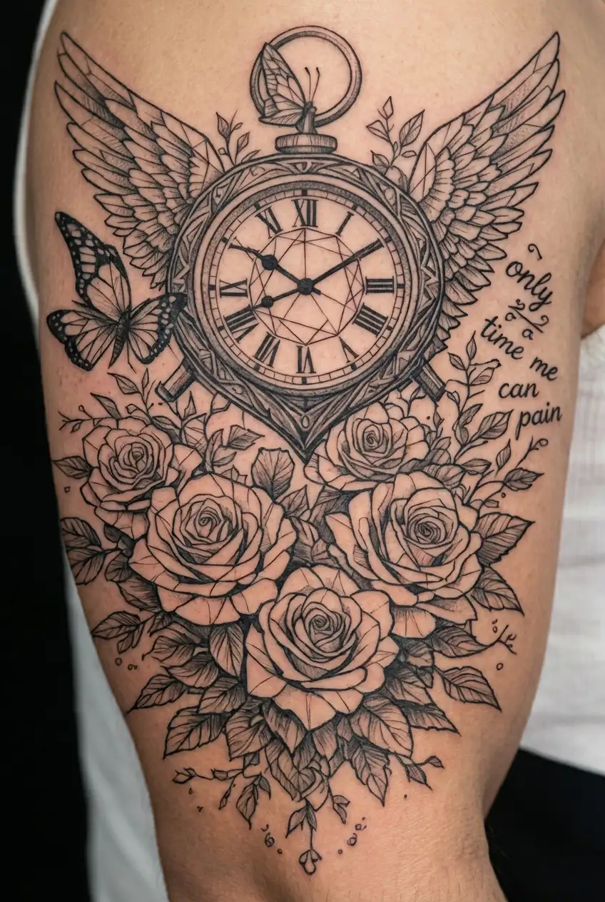 heart shaped clock, angel wings, roses and a butterfly with words only time can heal my pain tattoo design idea