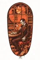 A vampire sitting in an office library. Full moon outside window. Bats  tattoo design idea