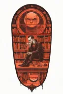 A vampire sitting in an office library. Full moon outside window. Bats  tattoo design idea